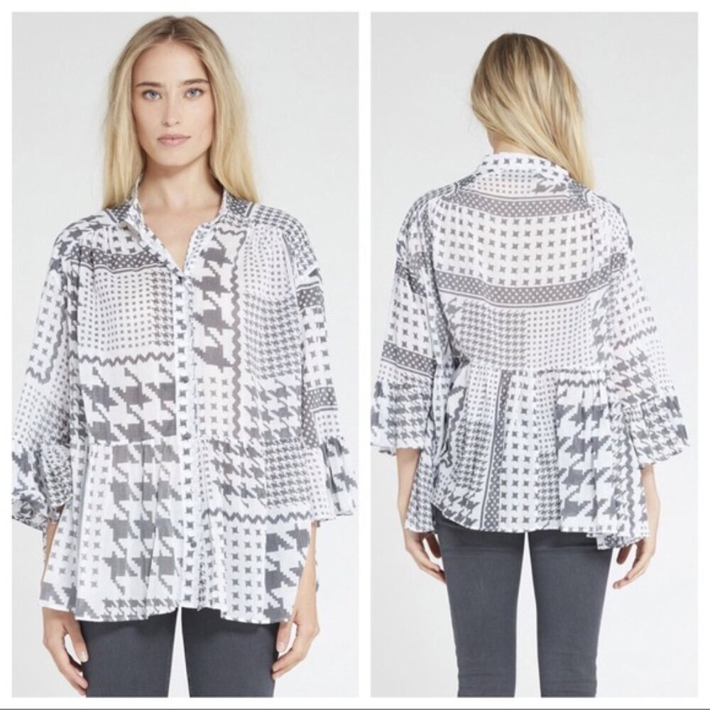 IRO Monochrome“Zofia” Black White Blouse Houndstooth Patchwork Like Light Top - Picture 1 of 6